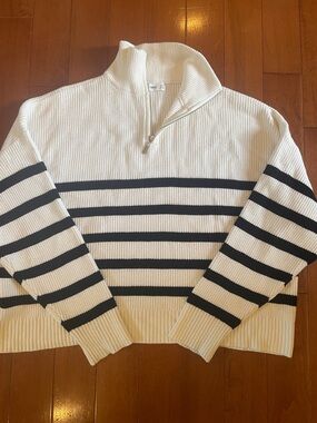 Mango Cream Half-Zip Sweater with Black Stripes